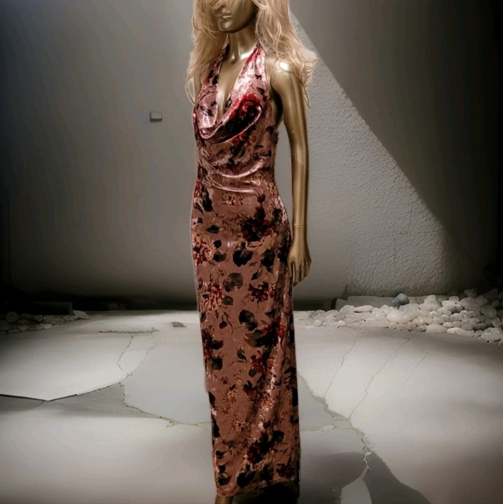 NWT Elegant Blush Floral Velvet Draped Neck Bodycon Day Maxi Dress Sz M - Picture 7 of 16